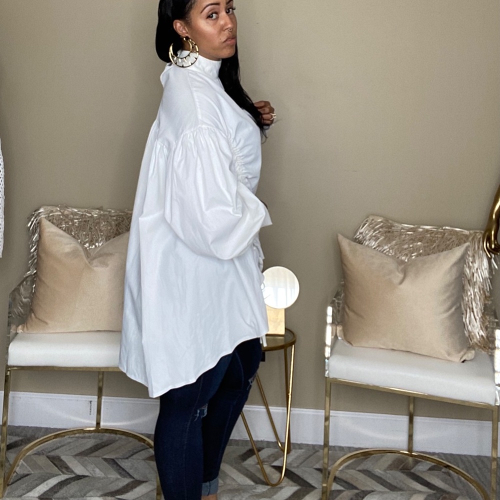 Poplin Puff Sleeve Top-White